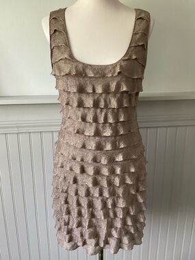 Max Studio Shimmery Ruffle Dress Tan Tiered Party Cocktail  Stretchy Y2K